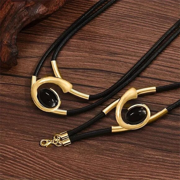 Gold Jewelry Set, Bohemian Double-Layer Black Rope With Oval Black Acrylic Penda - Picture 3 of 7